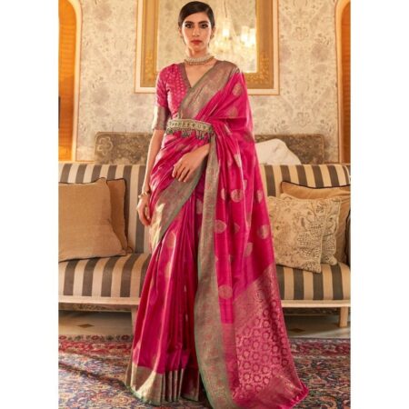 Petercrown ruby pink woven banarasi tussar silk saree